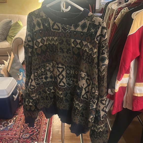 Thrifted vintage knit sweater with green,blue, and tan pattern - Picture 1 of 2